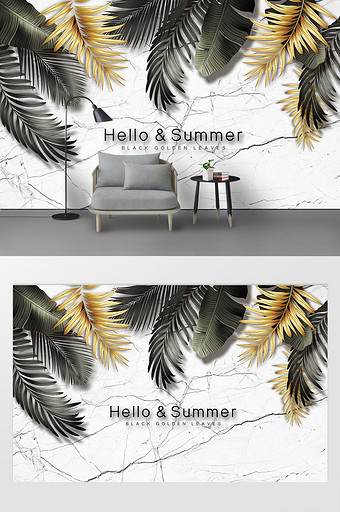 现代简约大气黑金热带植物树叶斑驳背景墙图片