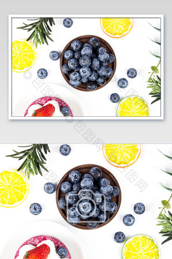 清新白底蓝莓柠檬片俯拍摄影图图片