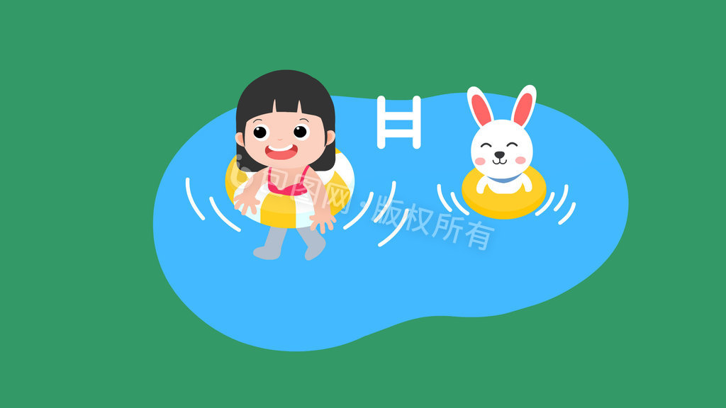夏季小女孩和小兔在游泳池游泳动图GIF图片