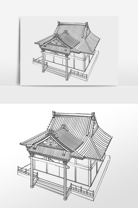 线描简笔画古风建筑插画