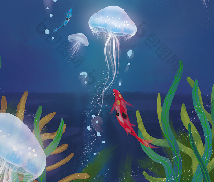 海底世界潜水手绘植物唯美插画手机壁纸