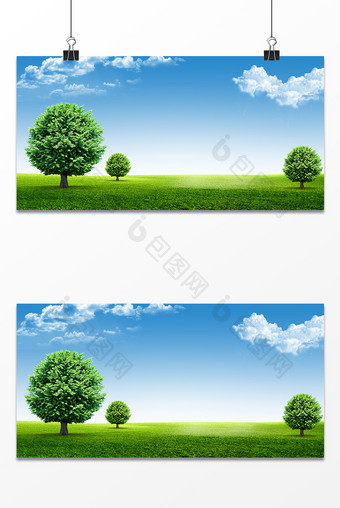 蓝天白云绿色草地树木背景图片
