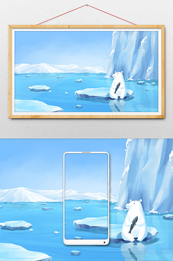 北极冰山浮冰上北极熊吃鱼插画图片