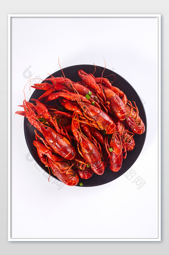 红色麻辣小龙虾黑色瓷碟白底图美食摄影图片