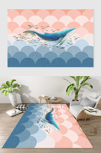 北欧现代卡通蓝鲸鱼群质感地毯图案装饰图片