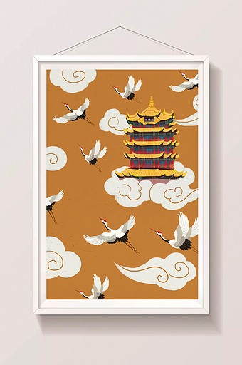 国潮博物新式中国风古建筑黄鹤楼仙鹤插画图片