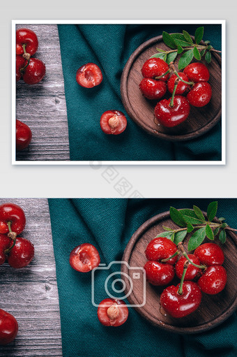 暗调的新鲜水果樱桃俯拍摄影图片