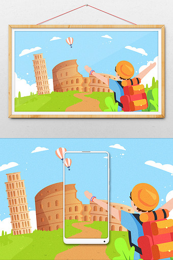 古罗马建筑旅游旅行斗兽场比萨斜塔横幅插画图片