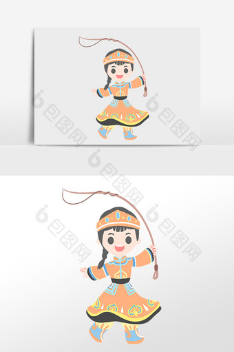 手绘少数民族拿鞭蒙古女孩插画图片