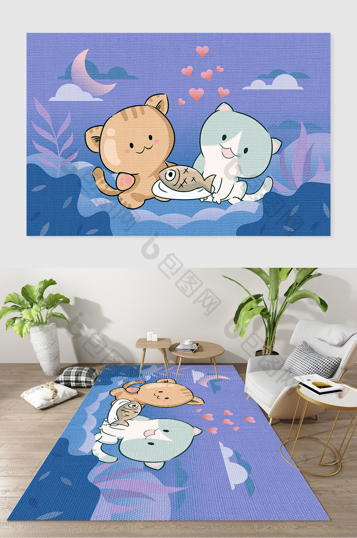 卡通猫吃小鱼开心海底探险儿童卧室地毯图案图片图片