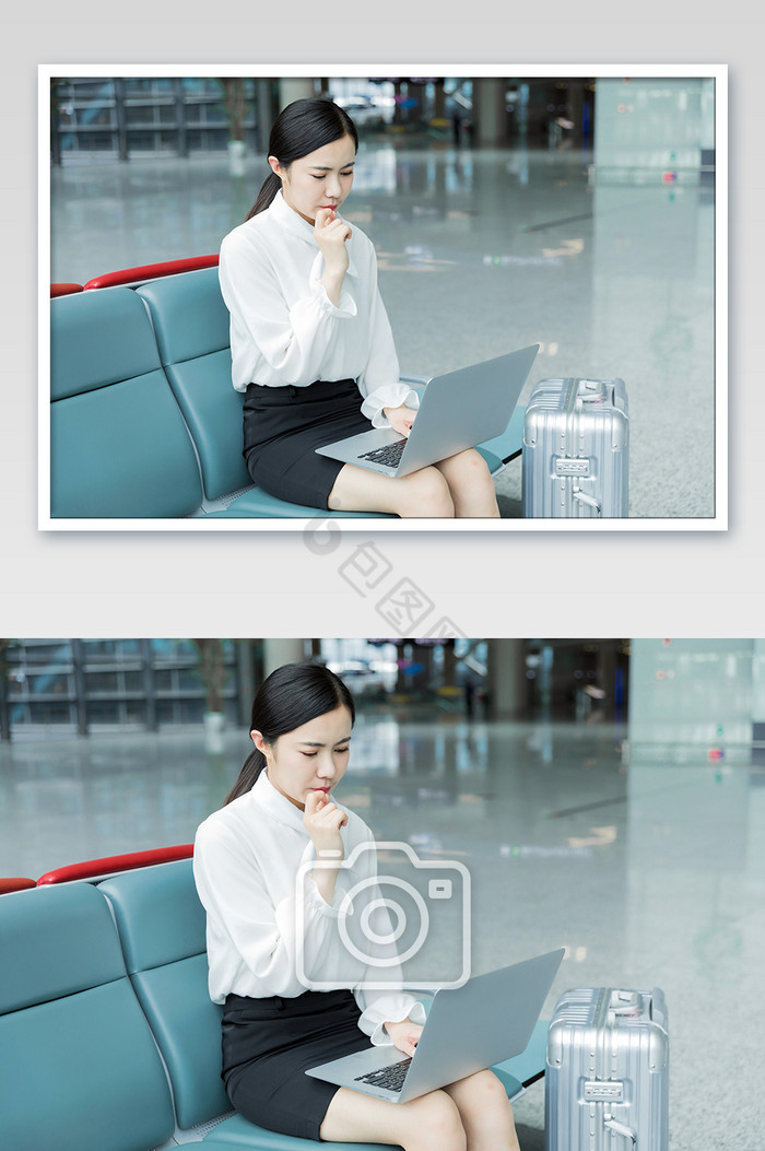 机场候机办公焦虑的商务职业女性图片