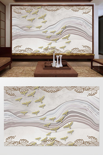 中式水墨山水金色线条禅境电视背景墙图片
