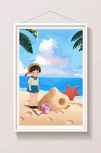 卡通扁平夏日旅游度假小女孩堆沙子沙滩插画图片