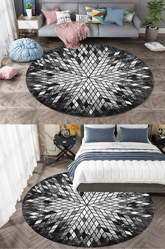 北欧黑白几何马赛克圆形地毯图案图片