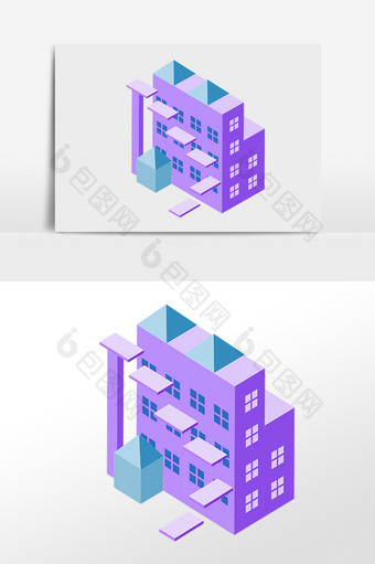 手绘2.5D立体宿舍楼建筑插画图片