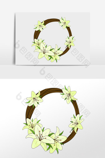 手绘绿色枝藤装饰花朵花环插画图片