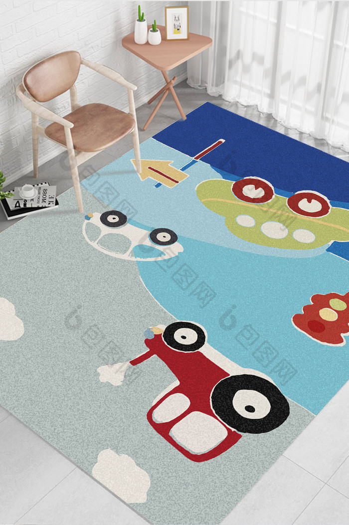 北欧现代清新手绘卡通小汽车儿童房地毯图案图片图片