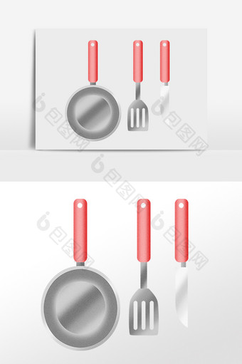 手绘厨房用品厨具铝锅刀铲插画图片