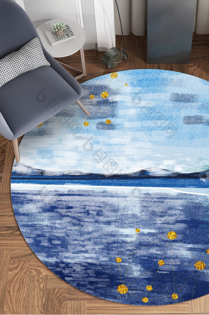 北欧现代圆形地毯手绘涂鸦蓝色几何地毯图案图片图片