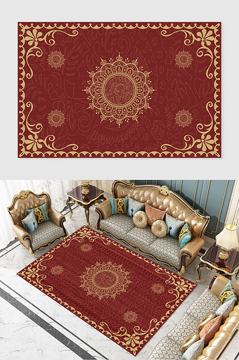 大红色简约欧式时尚古典民族纹样地毯图案图片