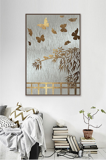 手绘金色创意装饰画蝴蝶竹子鸟素材创意图片