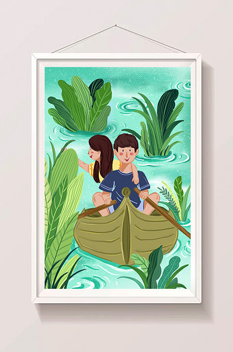 夏日美景情侣出行出游划船湖边插画图片