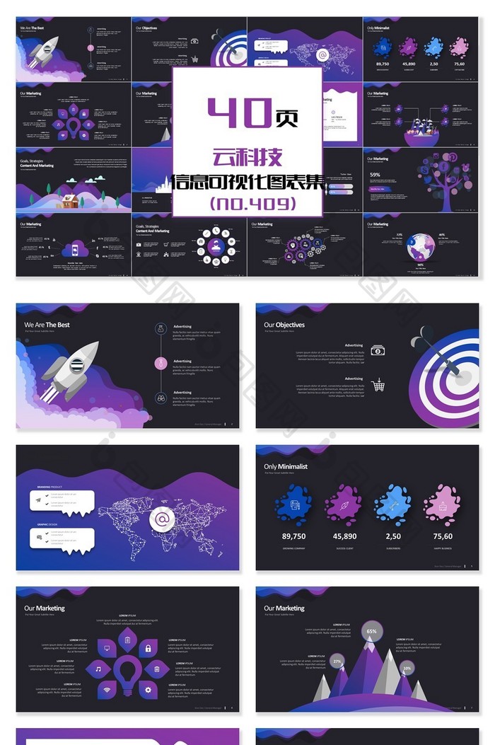 40页紫色云科技信息可视化PPT图表图片图片