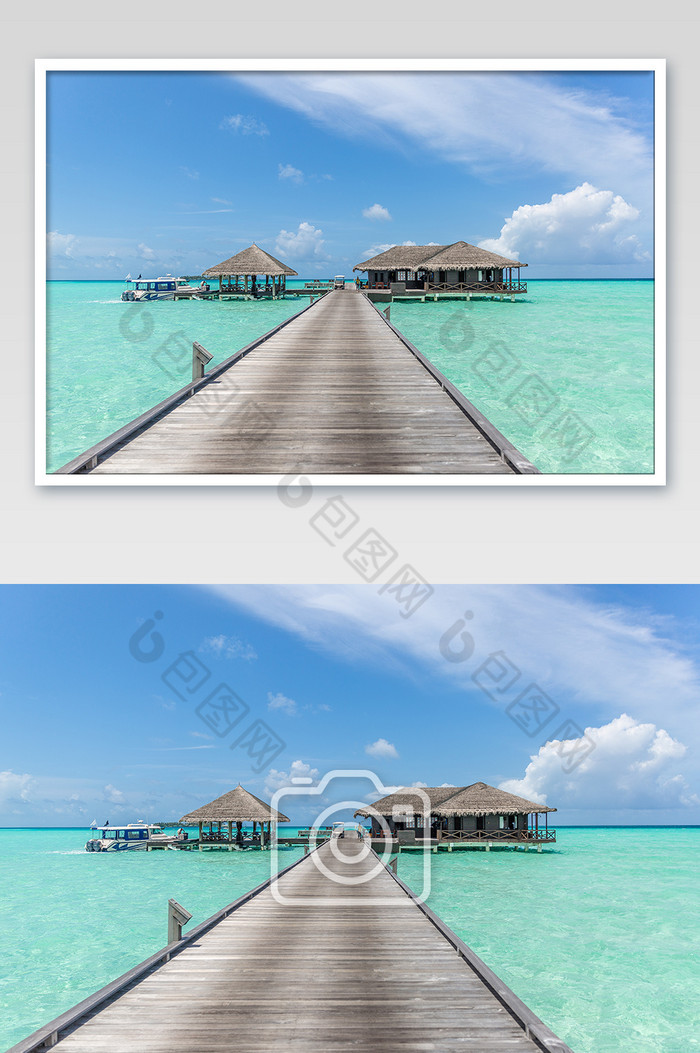 蓝天白云浪漫唯美马尔代夫水上屋摄影图片图片