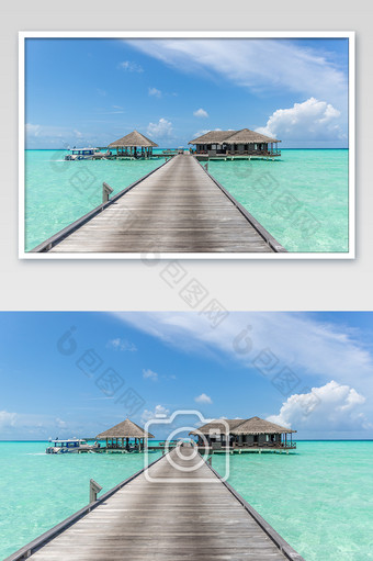 蓝天白云浪漫唯美马尔代夫水上屋摄影图片