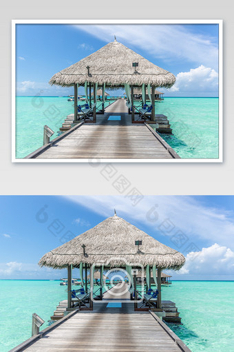 蓝色唯美马尔代夫水上屋摄影图片