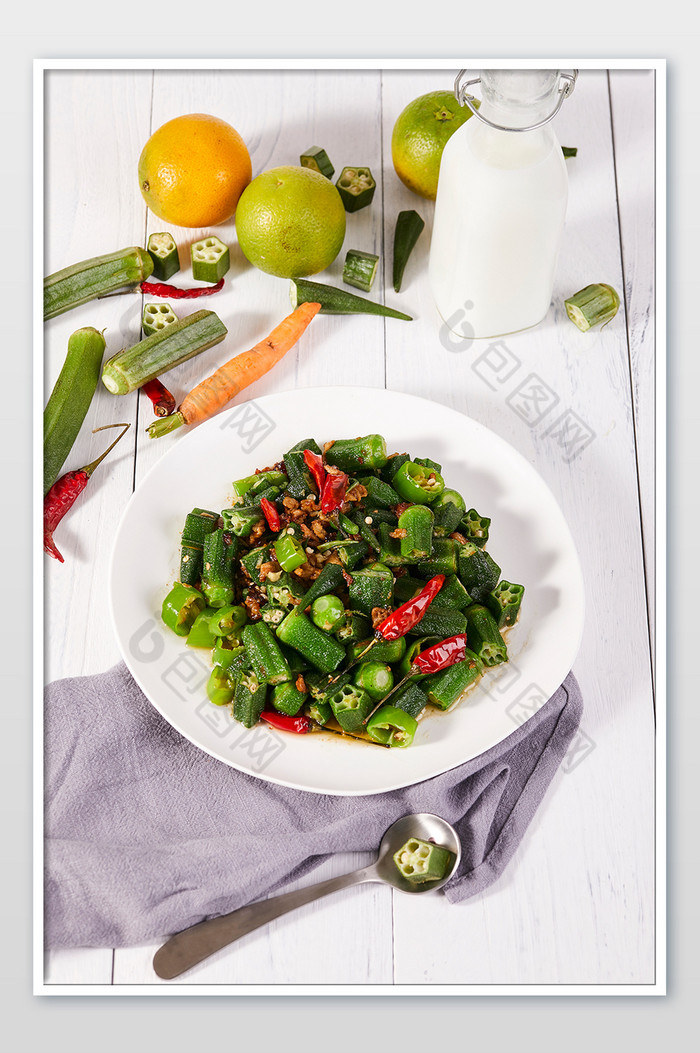 绿色秋葵蔬菜炒菜场景图美食摄影图片图片