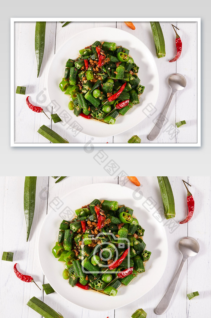 绿色秋葵炒菜蔬菜木板场景图美食摄影图片图片