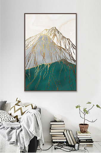 原创纯手绘金色线条风景抽象山装饰画素材图片