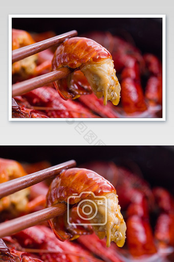 筷子夹起麻辣虾尾海鲜美食美味好吃摄影图片