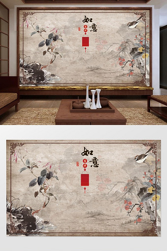 手绘花鸟背景墙新中式工笔花背景墙图片