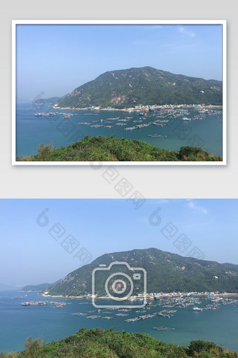 香港麦理浩径海边渔船鱼排摄影图片