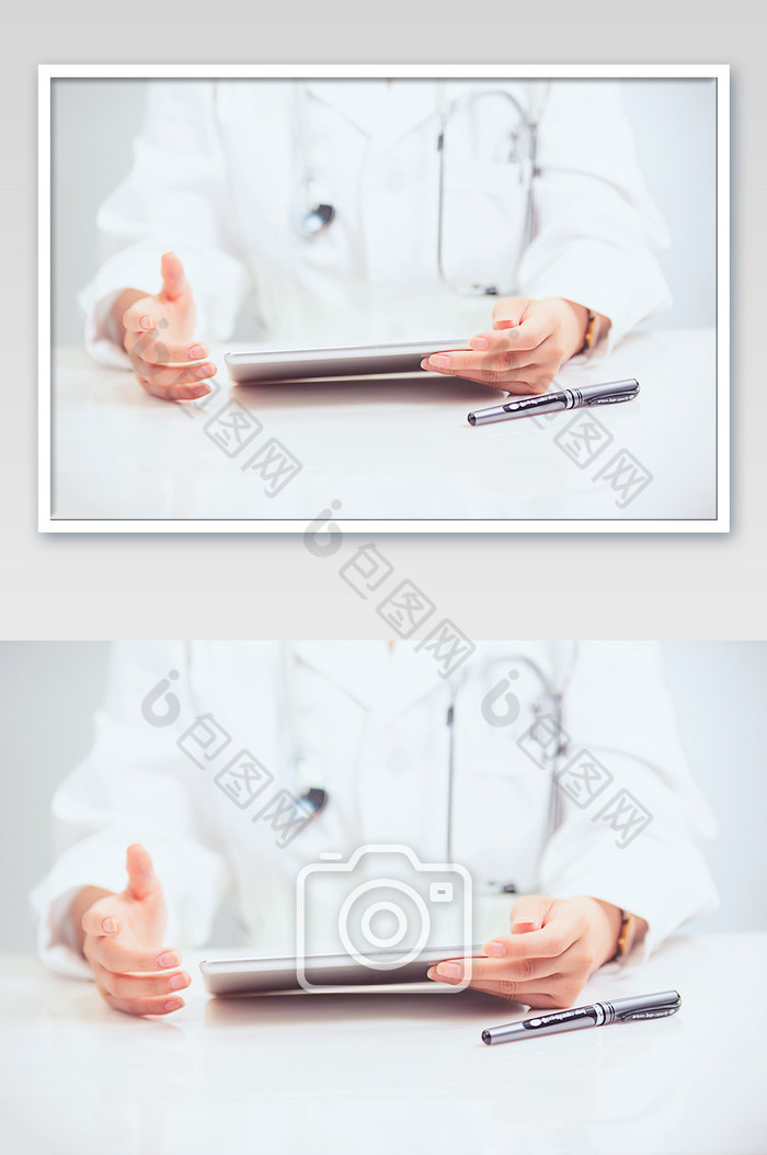 医护人员单手持平板电脑邀请手势图片图片