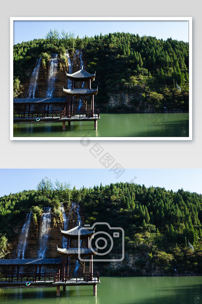 夏季瀑布湖边庭院高清摄影图图片图片