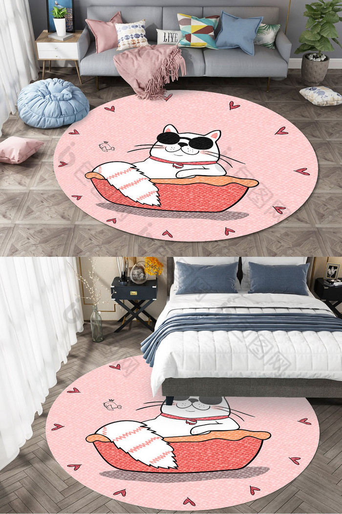 北欧时尚粉色卡通猫儿童房沙发地毯图案设计图片图片