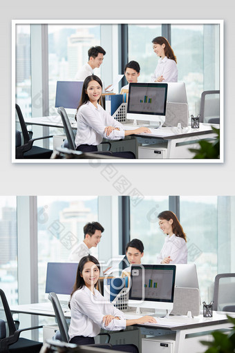 商务办公室团队办公白领女士微笑多人合作图片