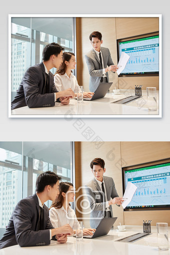 商务办公室团队办公白领三人会议手指文件图图片
