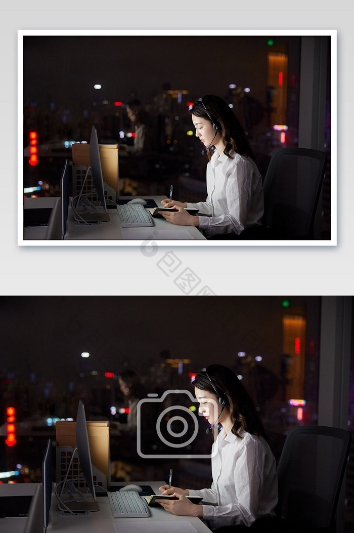 商务办公室团队办公白领女客服深夜加班记录图片图片