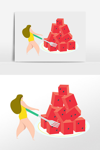 扁平化卡通美女铲西瓜吃插画元素图片