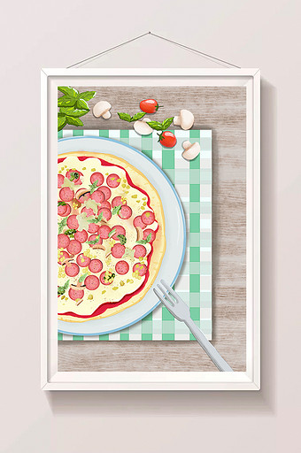 水彩风香肠披萨插画图片