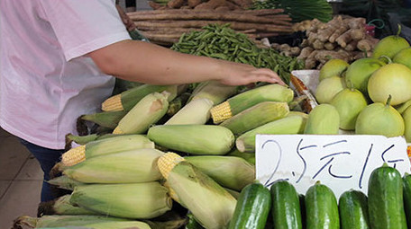 菜市场挑选蔬菜水果的市民