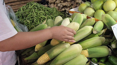 菜市场挑选蔬菜水果的市民