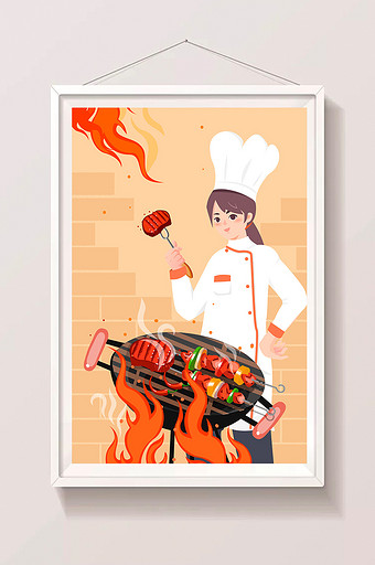 美食烧烤BBQ肉类食物厨师海报app插画图片