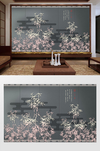 新中式水墨竹子小鸟电视沙发背景装饰画图片