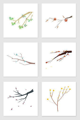 手绘没多少叶子的树枝套图插画元素图片