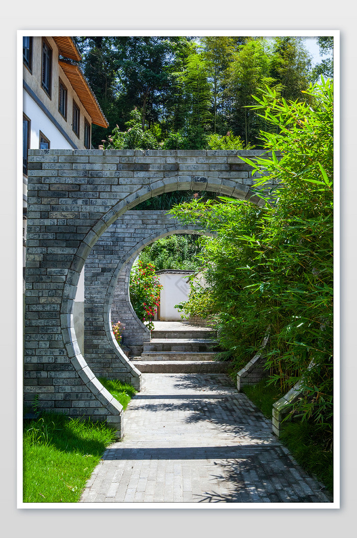 中式风格圆拱门庭院后花园摄影图图片图片